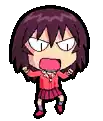 a pixel art drawing of a girl with purple hair and a red skirt .