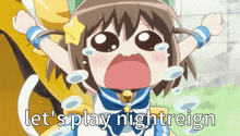 a little girl is crying with the words let 's play nightreign