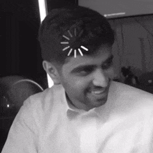 a black and white photo of a man 's head with a loading bar on it