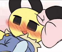 a drawing of a yellow cartoon character with black eyes and a pink bow