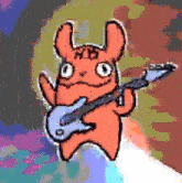 a drawing of a monster playing a guitar with a colorful background