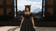 a woman in a black dress with a cat ear is standing in front of a window