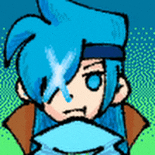 a cartoon drawing of a boy with blue hair and blue eyes