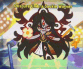 a cartoon character is standing on a stage with the words obscure umbra cookie winner written on the bottom .