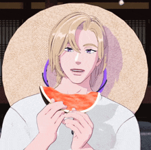 a man in a white shirt is holding a slice of watermelon
