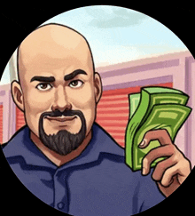 a bald man with a beard is holding a pile of money