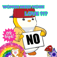 a penguin holding up a sign that says no