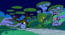a cartoon of a penguin in a forest with trees and plants