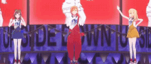 a group of anime characters are standing on a stage with a banner that says inside town