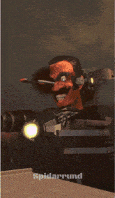 a cartoon of a man with a sniper rifle and the word spider around behind him
