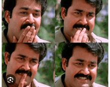 a man with a mustache is making a funny face with his hand to his mouth .
