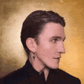 a close up of a man 's face with a key earring