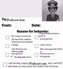 a poster with a picture of a man in a military uniform and a list of reasons for behavior