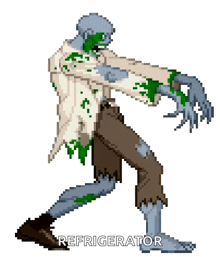 a pixel art drawing of a zombie with the word refrigerator below it