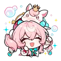 a girl with pink hair and a unicorn on her head surrounded by bubbles