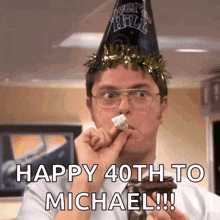 a man is wearing a party hat and eating a piece of cake .