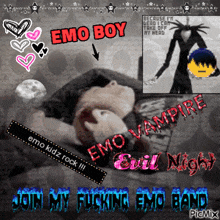 a picture of a person laying down with the words emo boy emo vampire evil night
