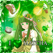 a picture of a girl with green hair and the words i heart matcha