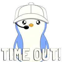 a penguin wearing a hat and a headset says " time out "