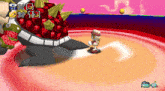 a cartoon character is standing in front of a giant red turtle with the number 13 on it