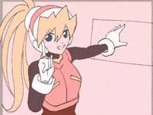 a drawing of a girl with blonde hair pointing at something .