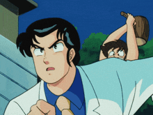 a man in a white coat and tie is holding a wooden stick