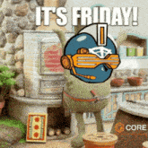 a cartoon character with the words it 's friday written on it