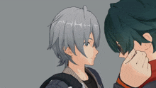 a drawing of a boy with gray hair and a girl with green hair touching each other 's faces