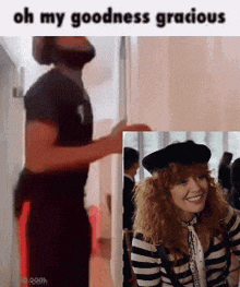 a man with a beard is standing next to a woman in a striped shirt and a black hat .
