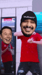 a man wearing a supreme shirt and a multivers hat is dancing in front of a mirror