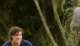 a man in a blue shirt is standing next to a palm tree in the jungle .