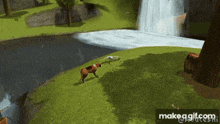 a brown and white dog is standing in front of a waterfall