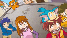 a group of cartoon characters are standing on a street looking at a duck flying overhead .