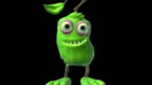 a green cartoon character with big eyes and a leaf on its head is dancing on a black background .