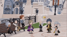 a group of cartoon characters standing in front of a building with the words unto light and fellowship