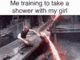 a man is taking a shower with a woman while a fire is coming out of a pipe .