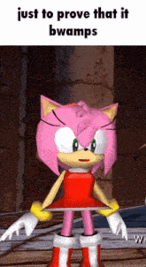 amy rose from sonic the hedgehog is standing in front of a brick wall and says just to prove that it bwamps