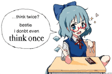 a drawing of a girl sitting at a desk with a speech bubble that says think twice