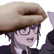 a pixel art of a man wearing glasses and a hat with a hand sticking out of it .