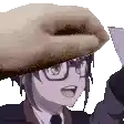 a pixel art of a man wearing glasses and a hat with a hand sticking out of it .