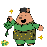 a cartoon of a bear wearing a green outfit with yellow polka dots and pants bear written on the bottom