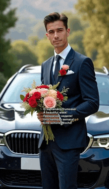 a man in a suit holds a bouquet of flowers in front of a car