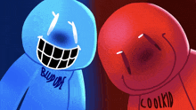 a blue and red cartoon character with the words buddy and cookid written on their shirts