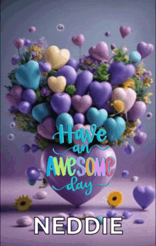 a purple heart filled with hearts and flowers with the name neddie on it