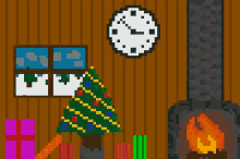 a pixel art drawing of a christmas scene with a fireplace and a clock
