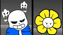 a cartoon drawing of sans and a flower with a ghost behind them