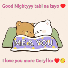 a couple of teddy bears laying under a blanket with the words me & you on it