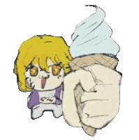 a drawing of a person holding an ice cream cone with a cartoon character behind it