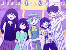 a group of anime characters posing for a picture with the words life after the nuclear bomb below them