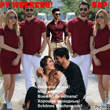 a couple standing next to each other with the words py weekend written on the top